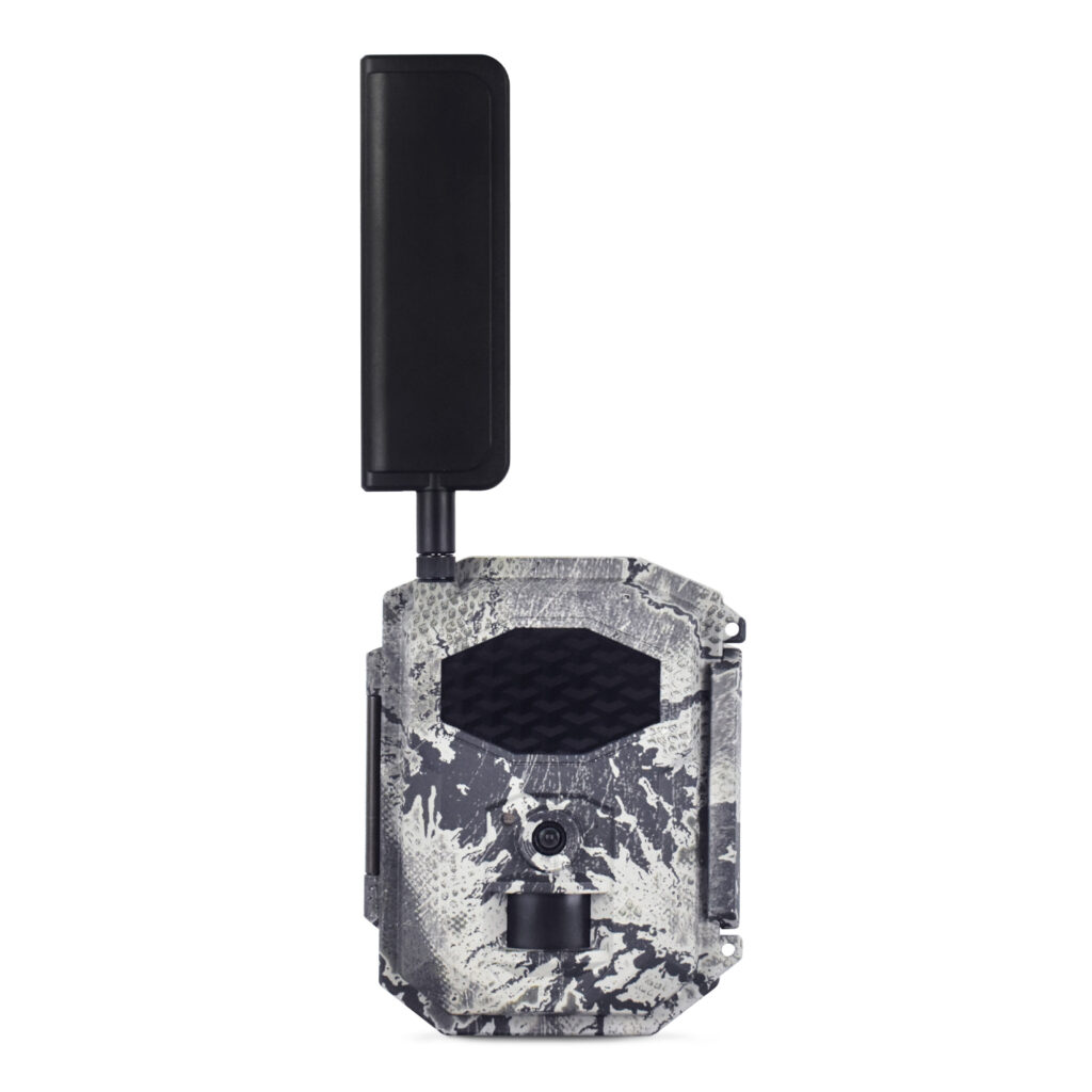 Front view of Spartan GoCam 2 4G LTE cellular trail camera with antenna, motion sensor, and camera lens.