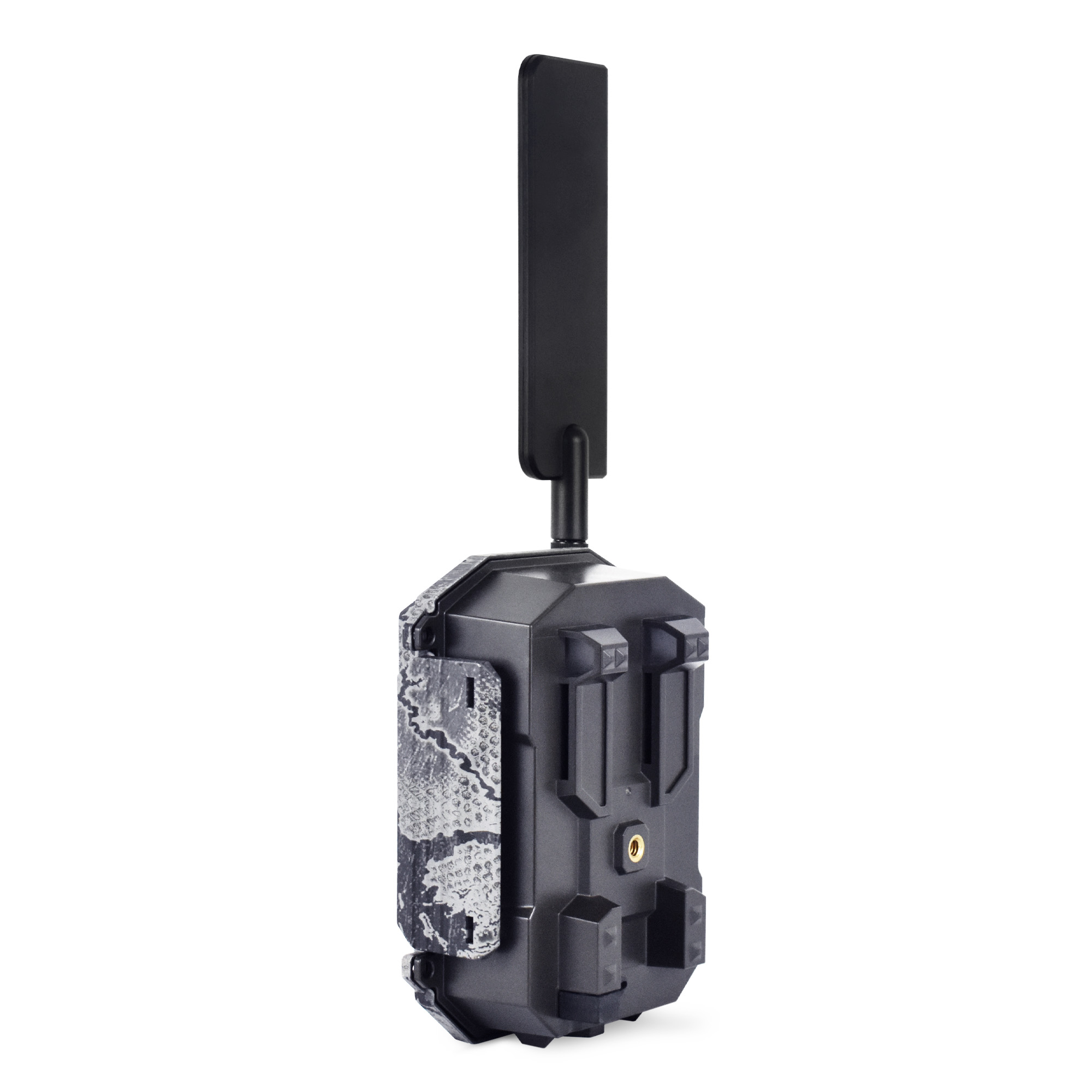 Rear left view of Spartan GoCam 2 4G LTE cellular trail camera showing mounting system and durable housing construction.