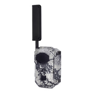 Spartan GoCam 2 4G LTE cellular trail camera shown from the front left angle with external antenna and camouflage housing.