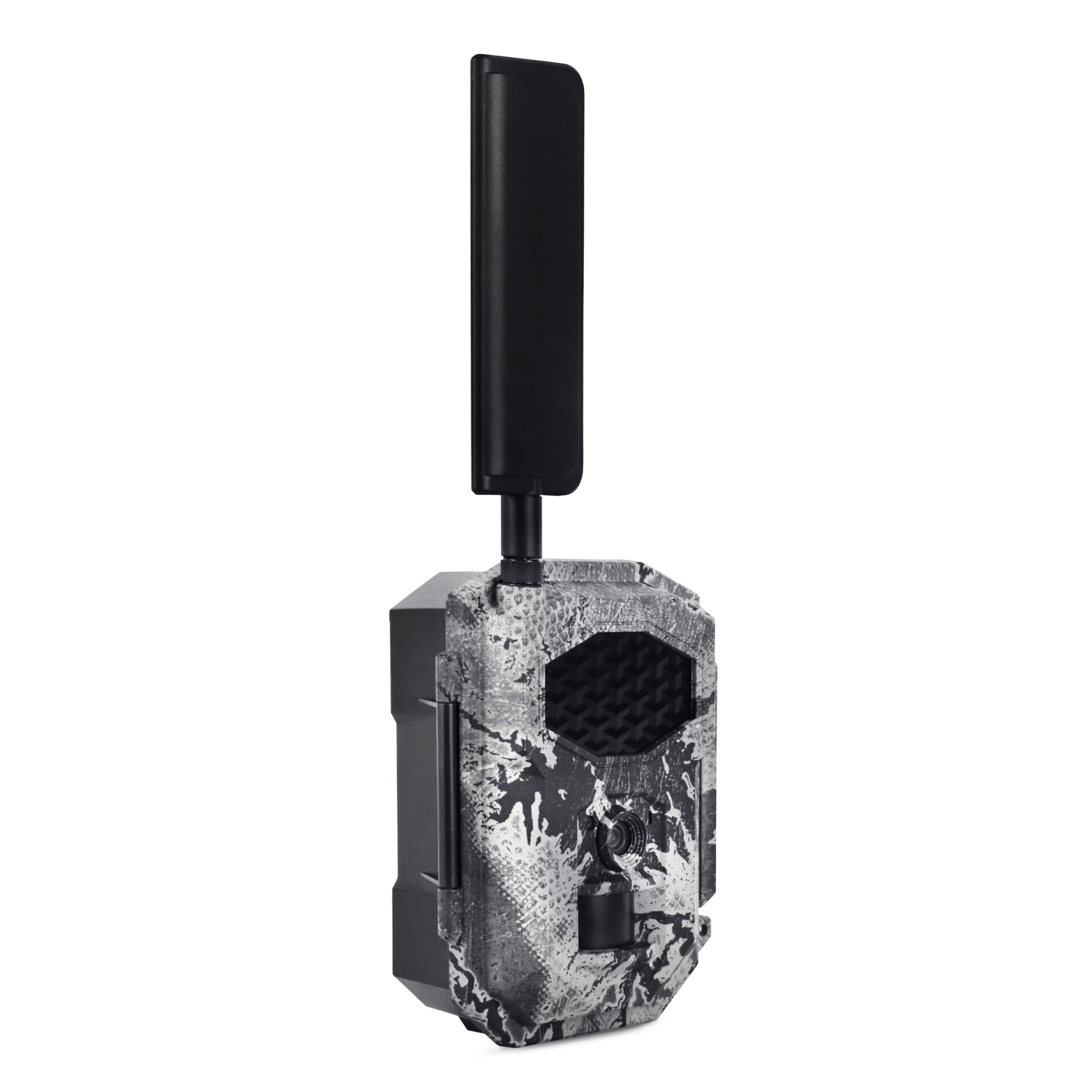 Spartan GoCam 2 4G LTE cellular trail camera viewed from the front right side showing antenna, lens, and rugged camouflaged enclosure.