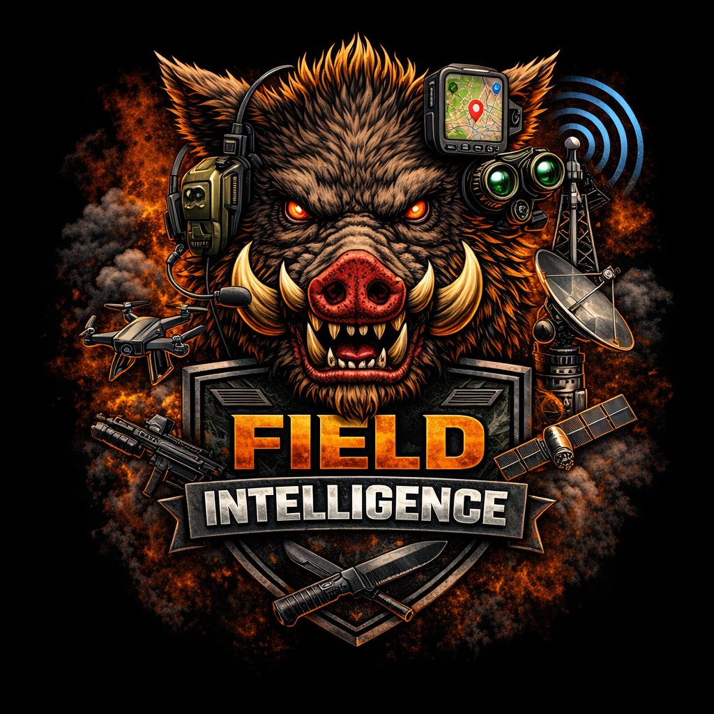 Field Intelligence Monitoring and Tracking for Hog Control Wild hog head graphic with surveillance equipment including radio tower, drone, binoculars, and GPS symbol representing Field Intelligence monitoring and tracking systems for hog trapping operations