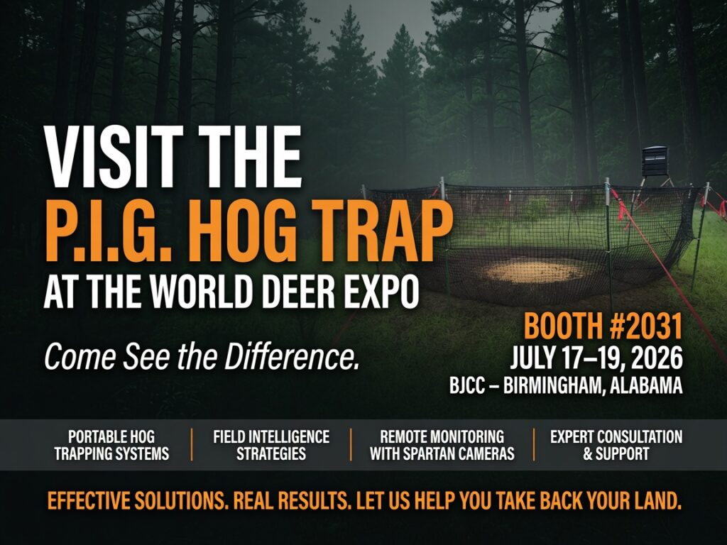 The P.I.G. Hog Trap at World Deer Expo Booth #2031 The P.I.G. Hog Trap portable hog trapping system featured for the World Deer Expo in Birmingham, Alabama, July 17-19, at Booth #2031.