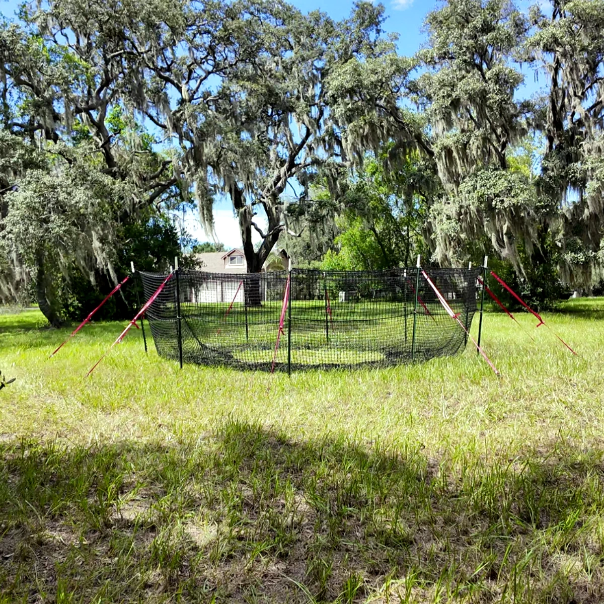 1:1 square full view of The P.I.G. Hog Trap™ at ground level with a home in the background, showcasing a complete sounder removal system designed to help protect homes, family property, and surrounding land from feral hog damage.