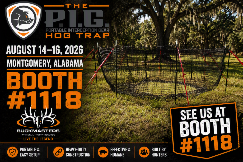 The P.I.G. Hog Trap portable wild hog trapping system displayed for the 2026 Buckmasters Expo in Montgomery, Alabama, August 14-16, 2026, at Booth #1118.