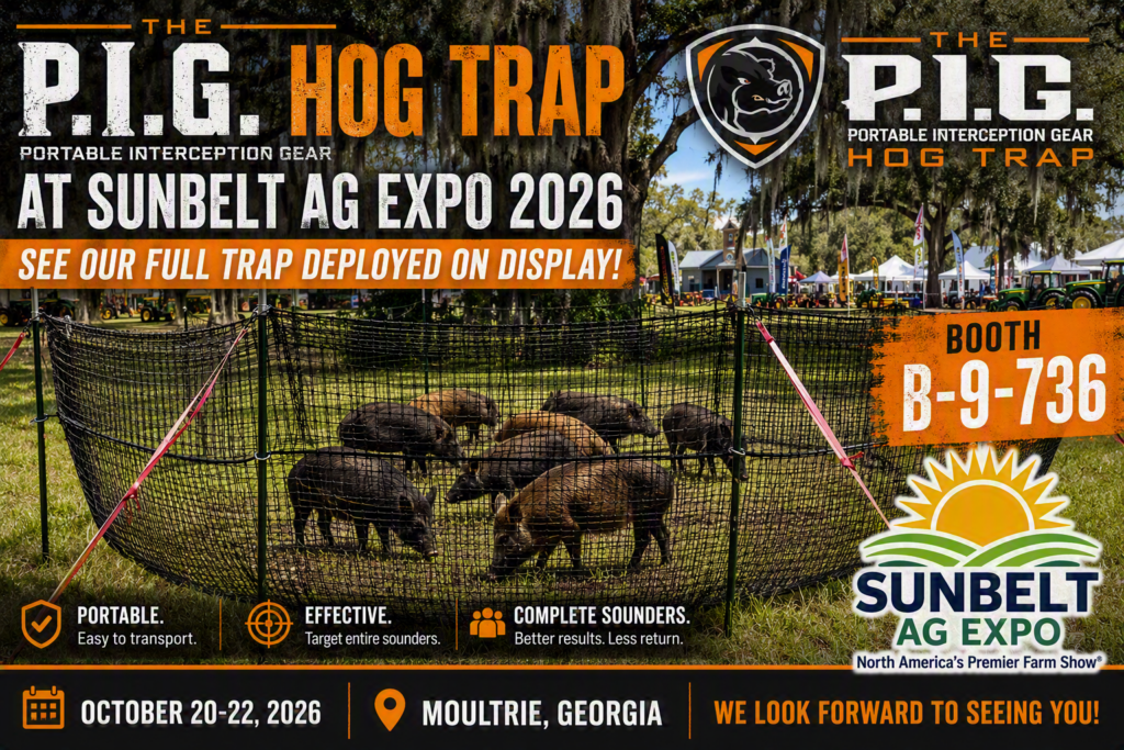The P.I.G. Hog Trap displayed at Sunbelt Ag Expo 2026 in Moultrie, Georgia featuring a full portable feral hog trapping system at Booth B-9-736.