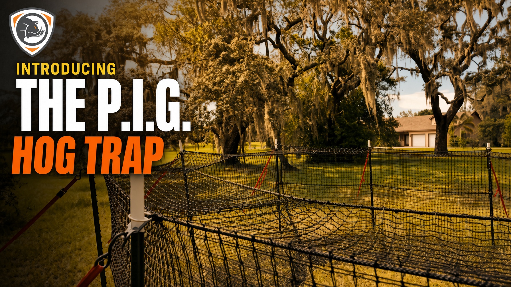 The P.I.G. Hog Trap feral hog control system installed in a field, demonstrating a complete sounder removal solution for invasive wild hog management.