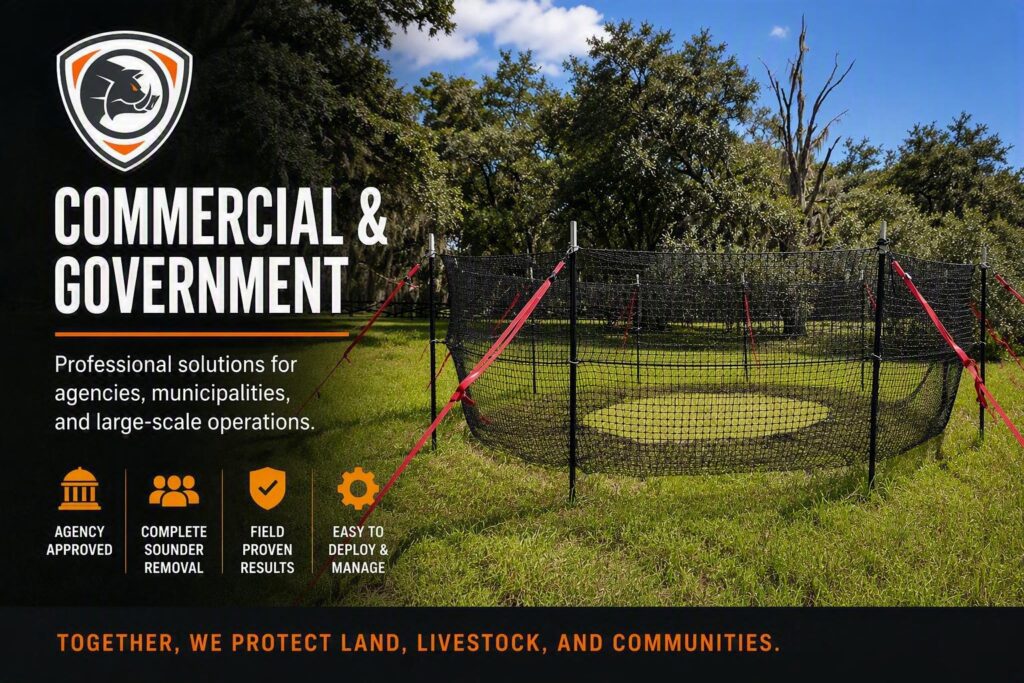 The P.I.G. Hog Trap™ Commercial & Government banner showing a large circular net trap deployed in a wooded field.