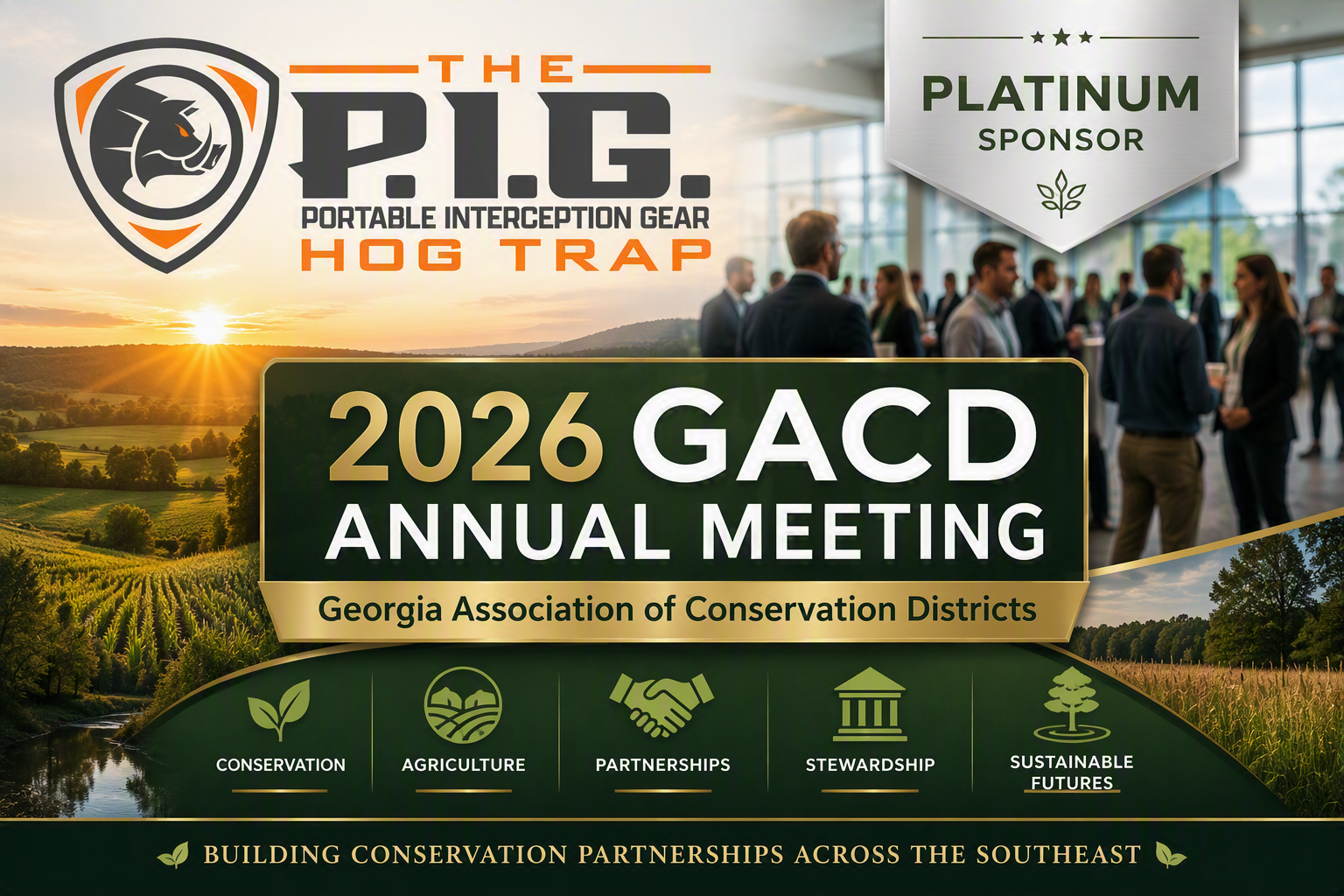 The P.I.G. Hog Trap featured as a Platinum Sponsor for the 2026 GACD Annual Meeting with Georgia conservation and agriculture imagery