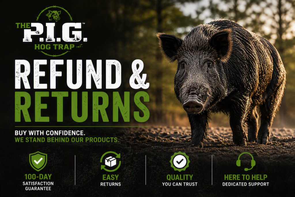 Wild feral hog featured on The P.I.G. Hog Trap Refund & Returns Policy page highlighting the 100-Day Satisfaction Guarantee and 4-Year Limited Warranty.