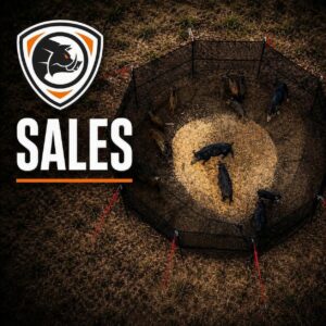 The P.I.G. Hog Trap™ sales category image featuring an aerial view of a trap enclosure containing feral hogs with SALES text and TPHT shield logo.