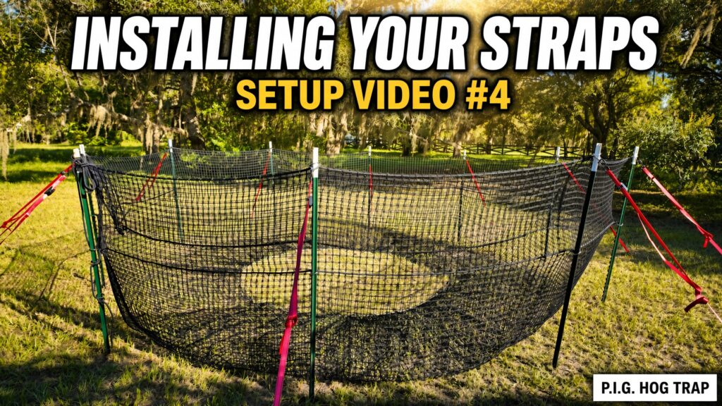 YouTube thumbnail for P.I.G. Hog Trap Setup Video #4 showing the assembled circular black net trap on green T-posts with red straps under oak trees, with the text Installing Your Straps and Setup Video #4.