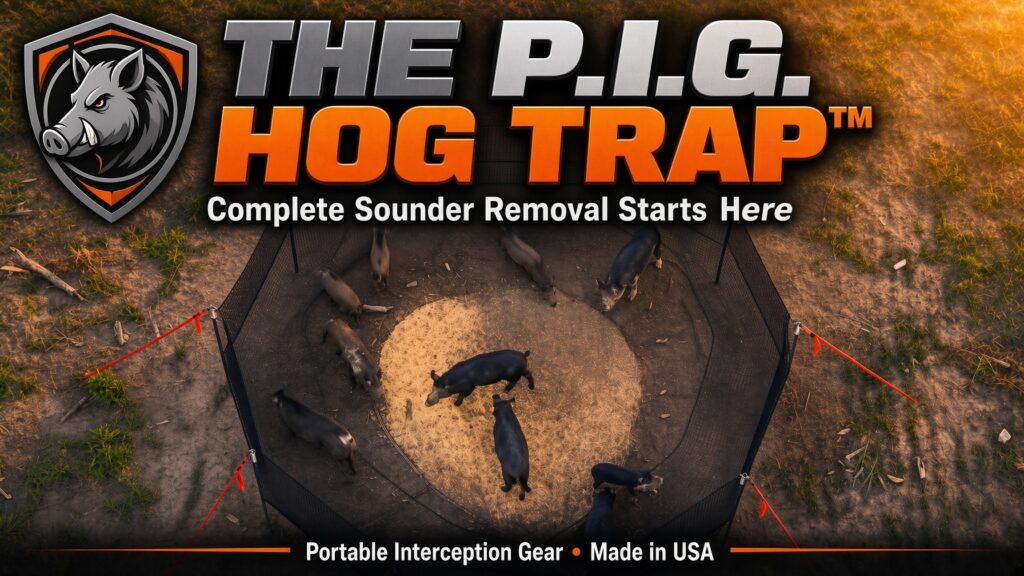 Aerial view of The P.I.G. Hog Trap portable net system capturing a sounder of feral hogs in a field