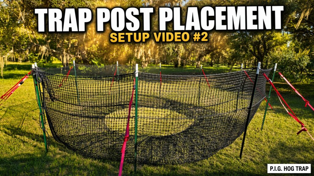 YouTube thumbnail for P.I.G. Hog Trap Setup Video #2 showing the assembled circular black net trap on green T-posts with red straps under oak trees, with the text Trap Post Placement and Setup Video #2.