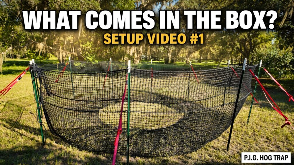 YouTube thumbnail for P.I.G. Hog Trap Setup Video #1 showing the assembled circular black net trap on green T-posts with red straps under oak trees, with the text What Comes in the Box? and Setup Video #1.