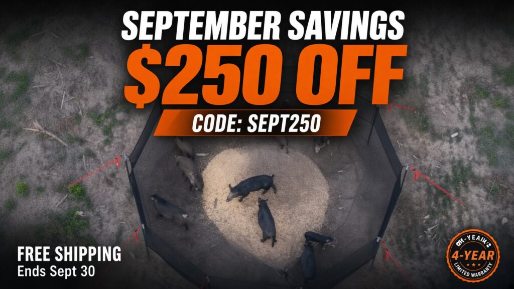 The P.I.G. Hog Trap capturing a feral hog sounder with September $250 off coupon code SEPT250